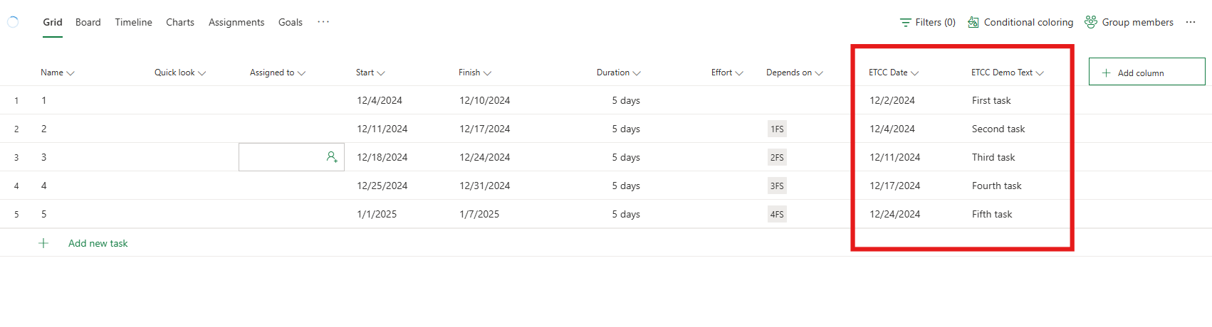 Screenshot that shows the two selected columns added to the grid view.