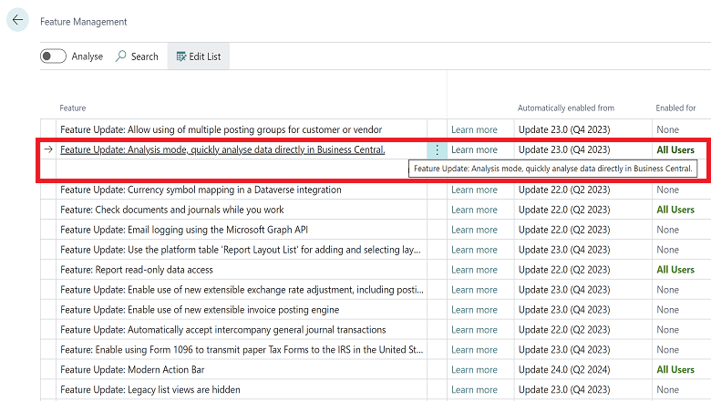 Shows how to enable analysis mode on the Feature Management page.