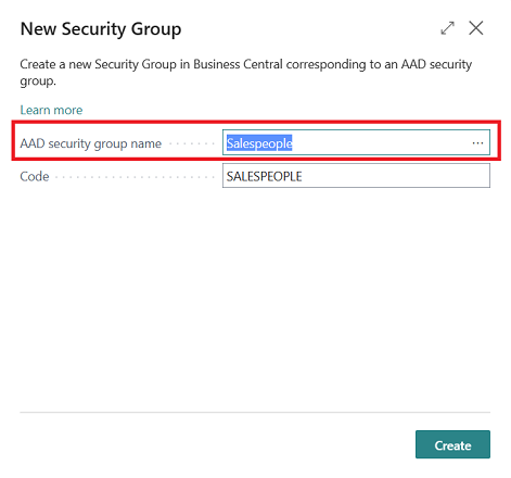 Shows new Create a Security Group page in Business Central