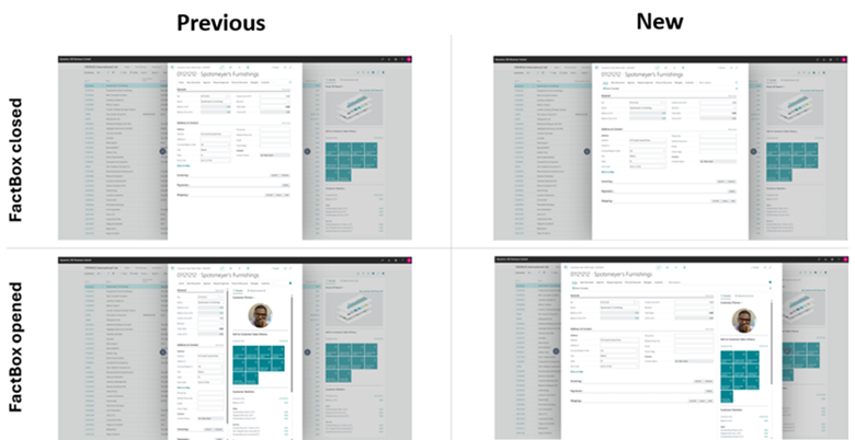 Illustration that compares the new FactBox resizing in 2025 release wave 1 to previous releases