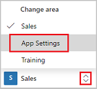 Screenshot of the Sales app site map, with the Change area icon and App Settings highlighted.