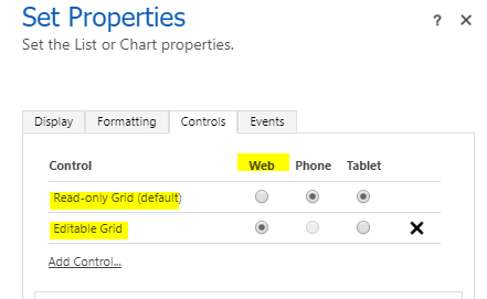 Screenshot of the properties settings for the grid control.