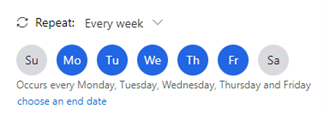 Working hours set to repeat Monday through Friday, but not Saturday or Sunday.