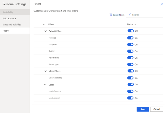 Select filters from personal settings.