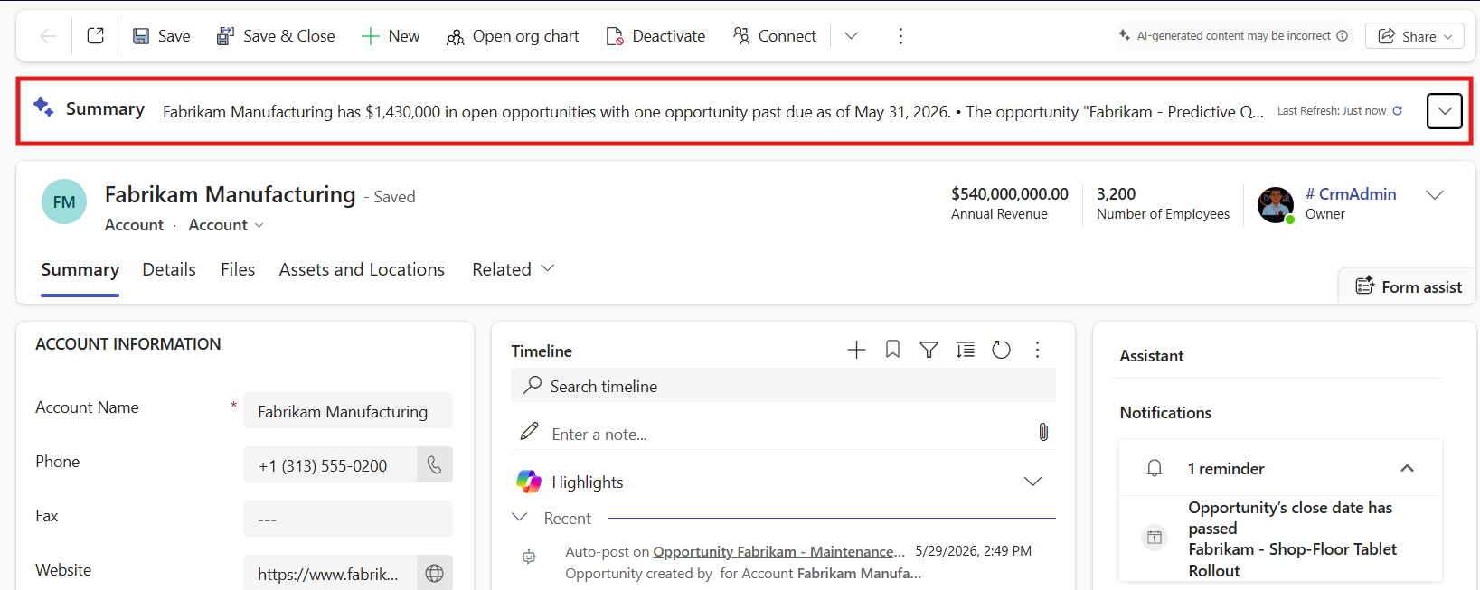 Screenshot of Dynamics 365 Sales Hub showing an account page with a summary insight banner and account information for Fabrikam Manufacturing.