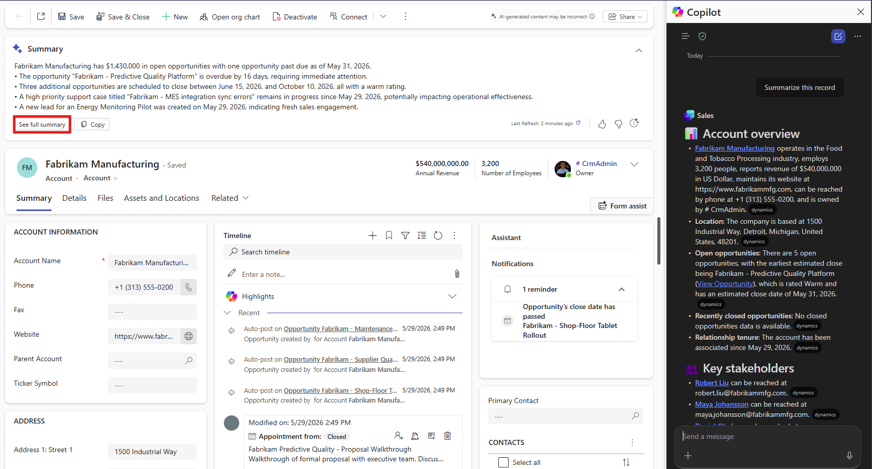 Screenshot of Sales Hub after selecting See full summary, with Sales agent open on the right displaying the account summary.