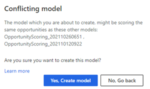 Screenshot of a conflict warning while creating a predictive scoring model.