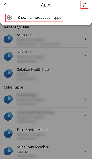 Tap Show non-production apps.