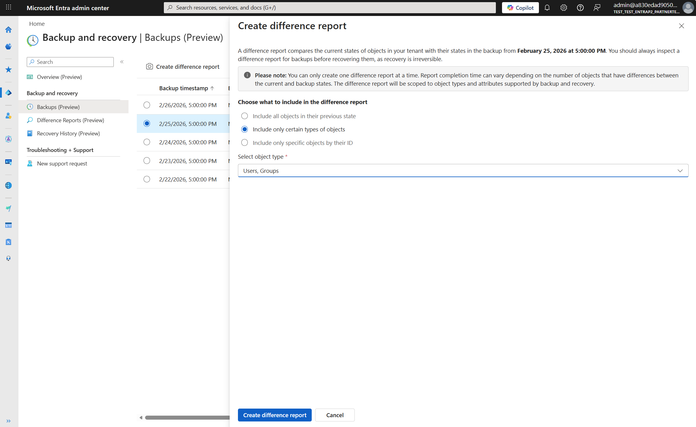 Screenshot of the Create difference report dialog with the Include only certain types of objects option selected.