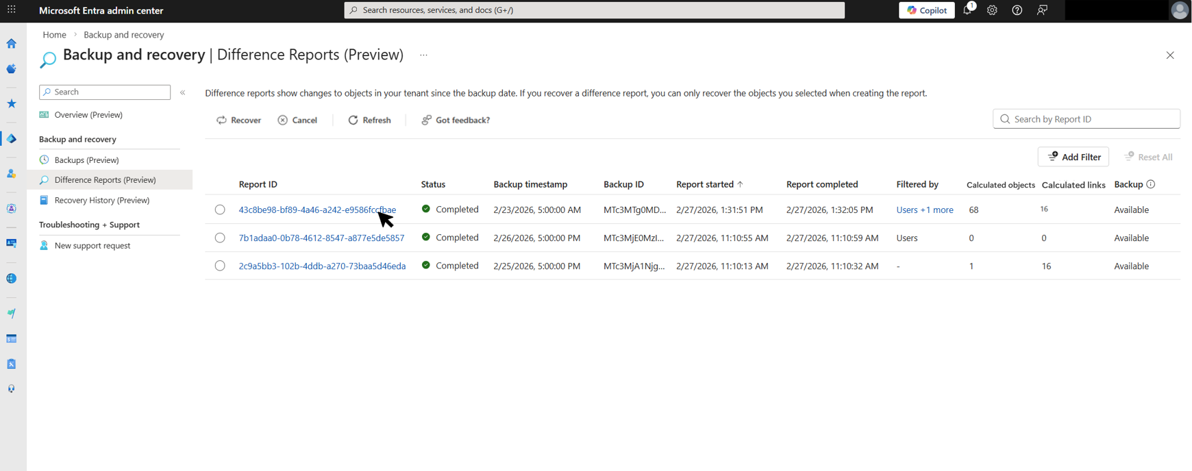 Screenshot of the Difference Reports list page showing three completed reports with backup and object details.
