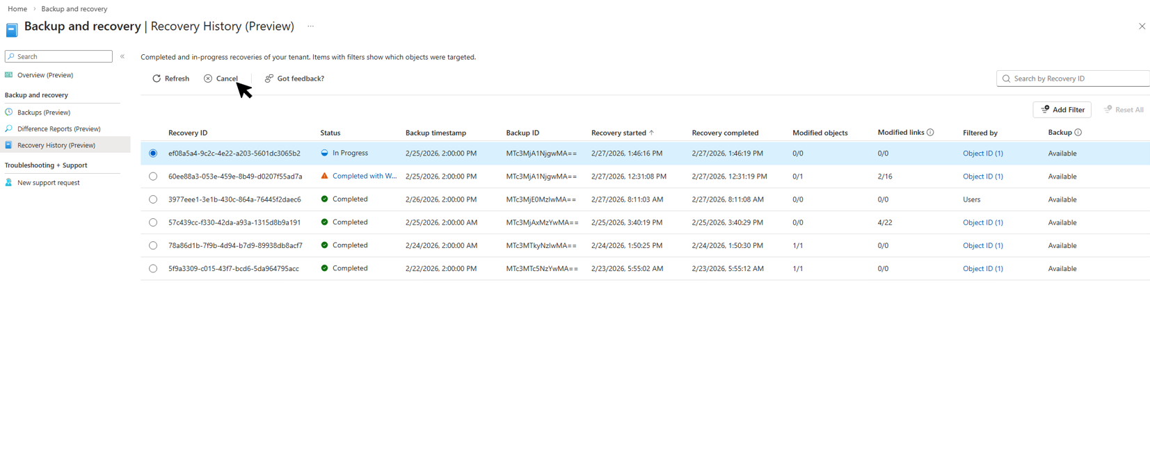 Screenshot of the Recovery History page showing completed and in-progress recovery jobs, with the Cancel button visible in the toolbar.