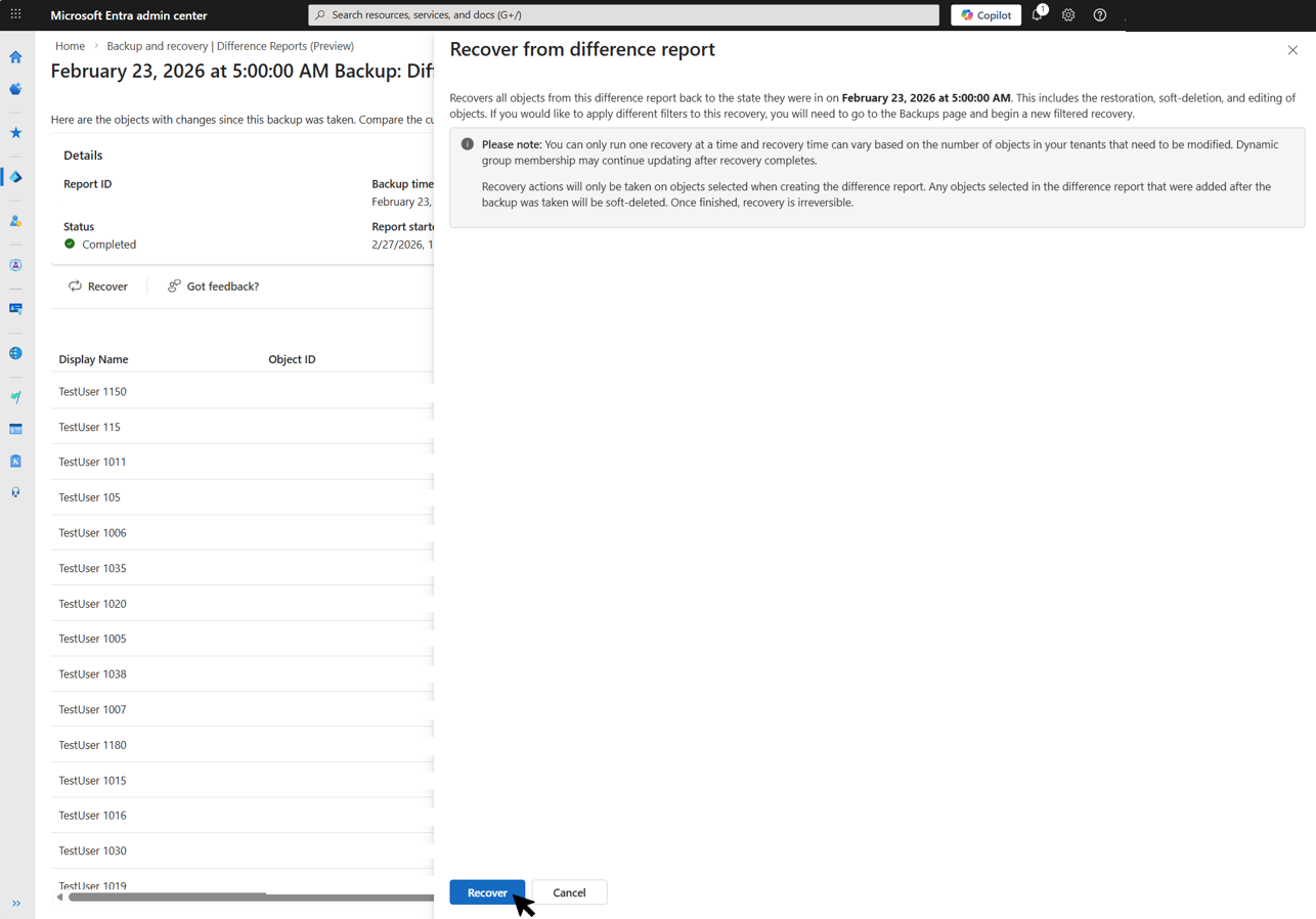 Screenshot of the Recover from difference report dialog showing the list of objects that will be recovered, with the Recover button at the bottom.