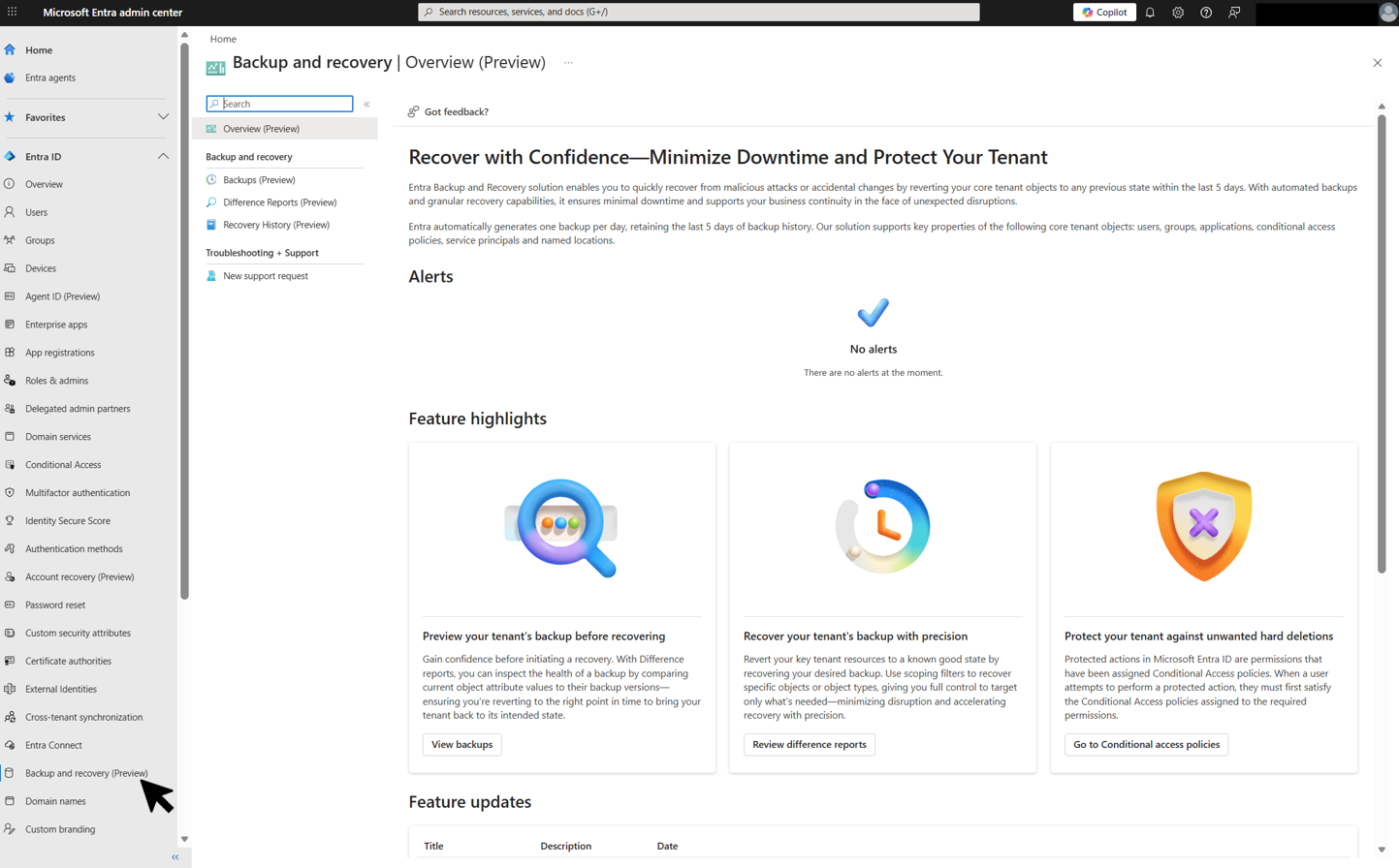 Screenshot of the Backup and recovery Overview page in the Microsoft Entra admin center, showing feature highlights and alerts.