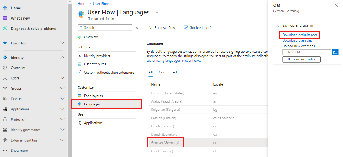 Screenshot the shows how to add languages under a user flow.