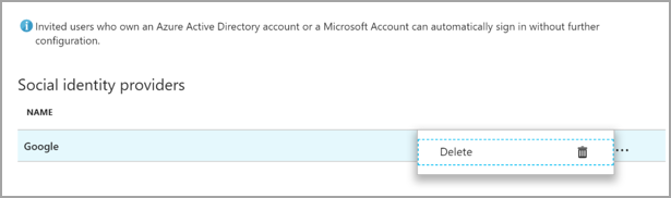 Screenshot that shows the Delete button for the social identity provider.