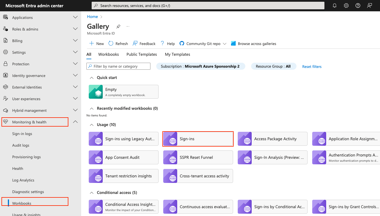 Screenshot of the Azure portal workbooks interface highlighting the sign-ins workbook.