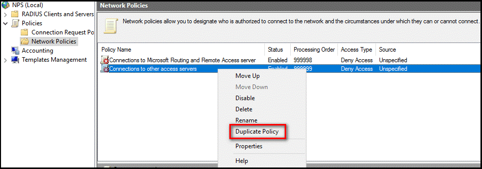 Duplicate the connection to other access servers policy