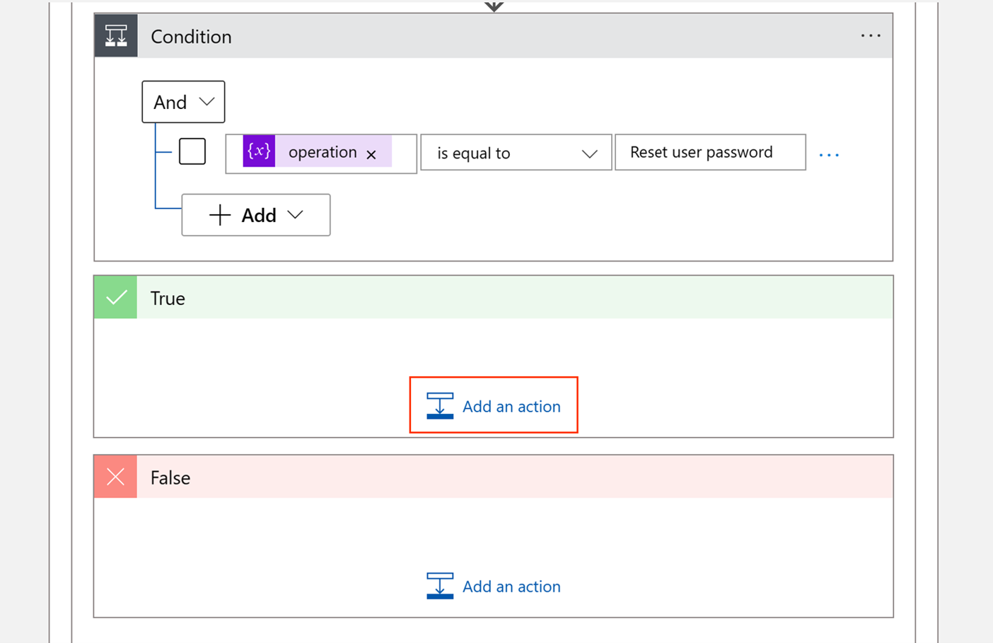 Screenshot of how to add a True action.