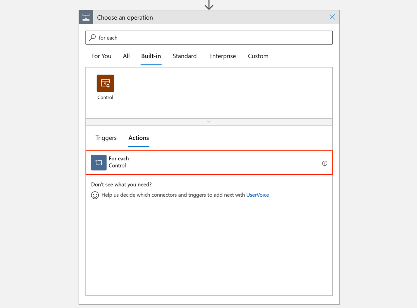 Screenshot of how to select For each action.