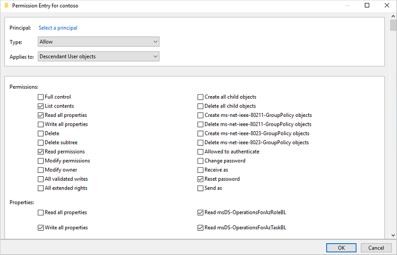 Set the appropriate permissions in Active Users and Computers for the account that is used by Microsoft Entra Connect