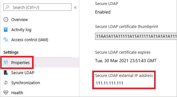 View the secure LDAP external IP address for your managed domain in the Microsoft Entra admin center