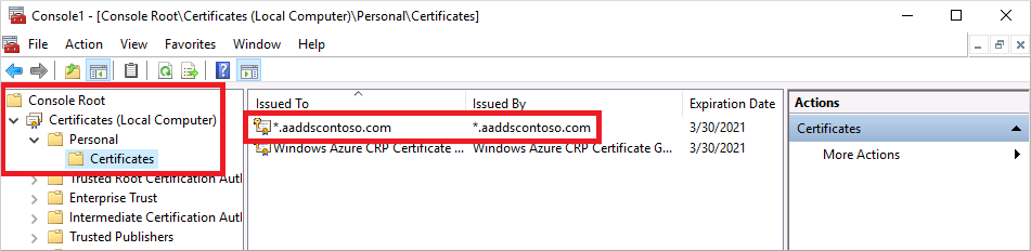 Open the personal certificates store in the Microsoft Management Console