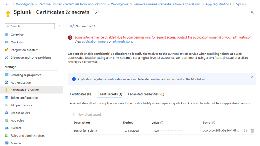 Screenshot of the Certificates and secrets section of Microsoft Entra ID.