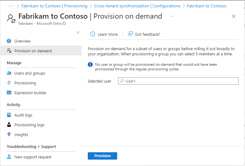 Screenshot of the Provision on demand page that shows a test user selected.