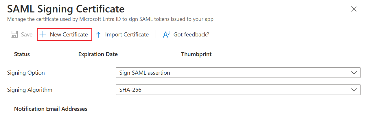 Screenshot showing New SAML Certificate.