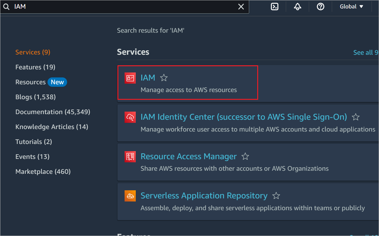Screenshot of AWS services page, with IAM highlighted.