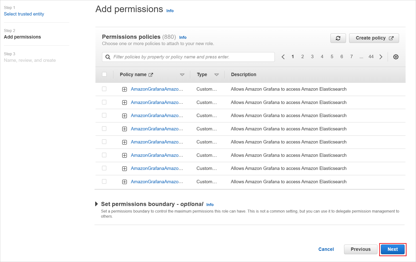 Screenshot of Attach permissions policy dialog box.