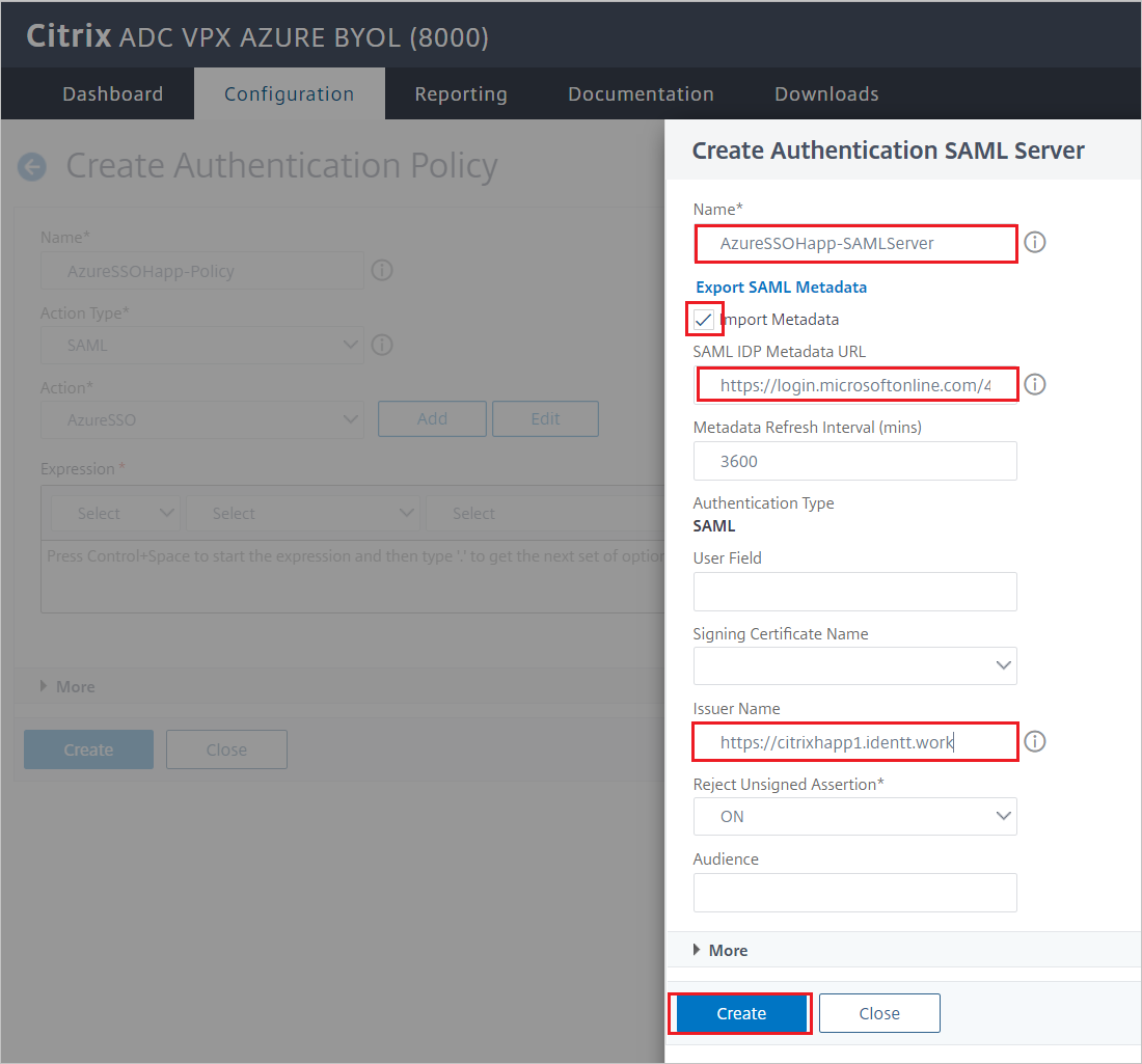 Screenshot of Citrix ADC SAML Connector for Microsoft Entra configuration - Create Authentication SAML Server pane.