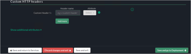 Screenshot of the Akamai EAA console Custom HTTP headers settings for SECRETRDPAPP with the Save and go to Deployment button in the bottom right corner.