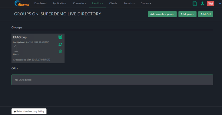 Screenshot of the Akamai EAA console GROUPS ON SUPERDEMOLIVE DIRECTORY window. The EAAGroup with 1 User is listed under Groups.