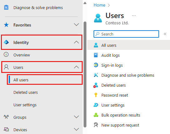 Screenshot shows Users and groups selected from the Manage menu, with All users selected.