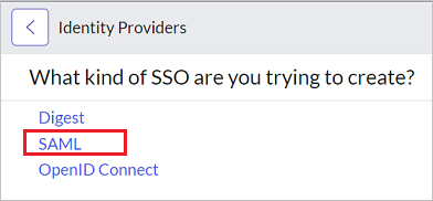 Screenshot of Identity Providers dialog box, with SAML highlighted