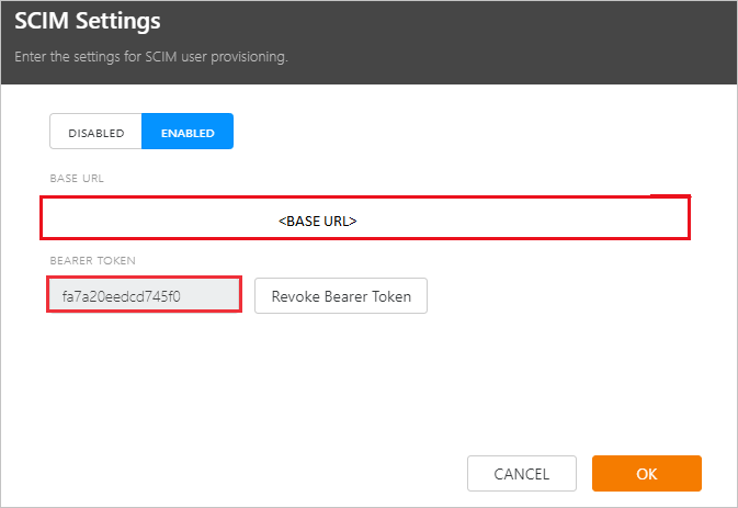 Screenshot of the S C I M Settings dialog box with the BASE U R L and BEARER TOKEN text boxes called out.