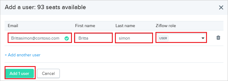 Screenshot shows the Add a user dialog box where you can enter the values described.