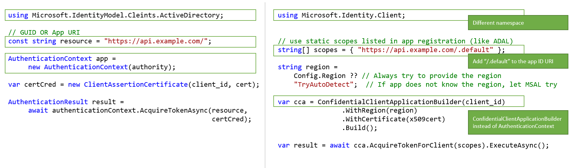 Screenshot showing some of the differences between ADAL.NET and MSAL.NET for a confidential client application.