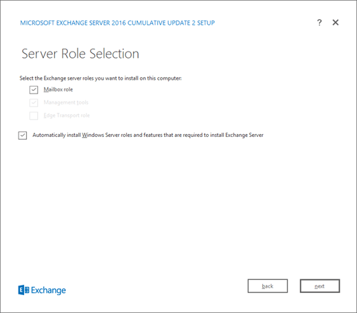 Exchange Setup, Server Role Selection page, Mailbox role selection.