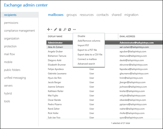 In the EAC, select Recipients, Mailboxes, and then select More Options.