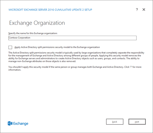 Exchange Setup, Exchange Organization page.