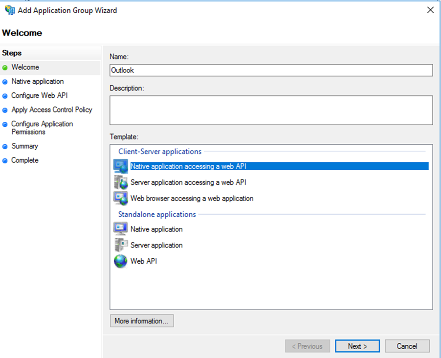 A screenshot that shows the ADFS Add application group assistant.