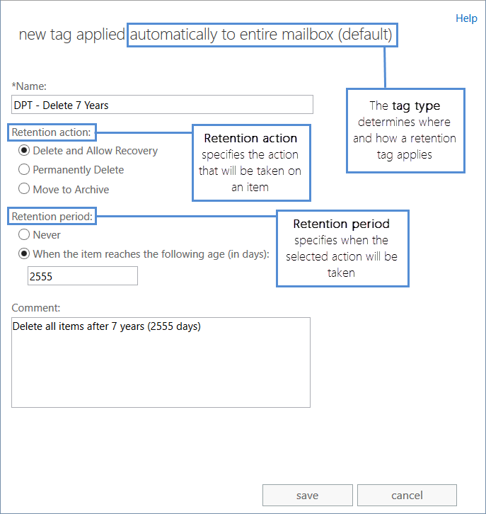 Settings in a retention tag.