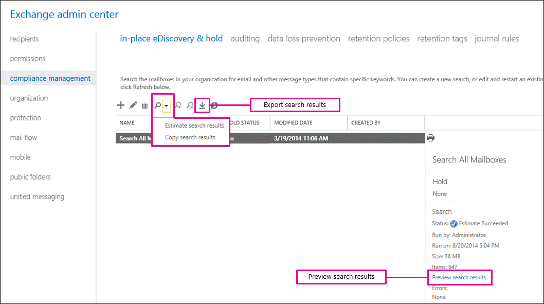 Estimate, Preview, Copy, and Export Search Results.