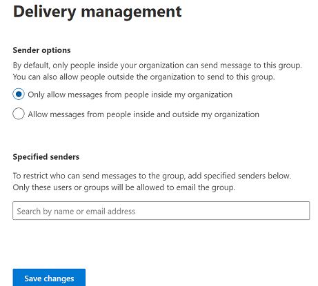 The Delivery management screen on which specific internal members of the organization are chosen as senders.