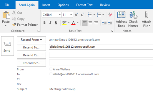 Screenshot shows the Send Again option for an email message. In the Resend to field, the recipient's address has been provided by the AutoComplete feature.