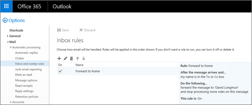 Screenshot of the Inbox rules page.