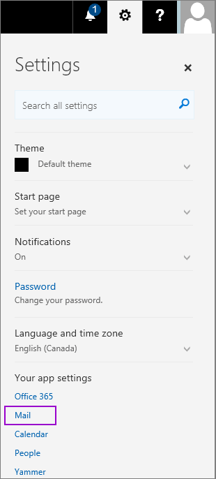 Screenshot shows the Settings pane with the Mail option highlighted in the Your app settings section.