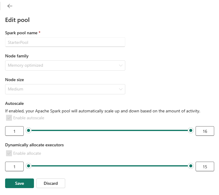 Screenshot showing starter pool max node and max executor options for autoscaling and dynamic allocation.